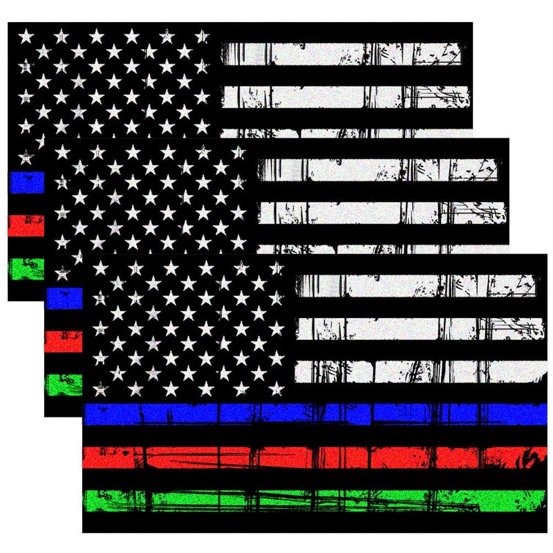 Creatrill Reflective Tattered Thin Blue Red Green Line Decal Matte Black â€“ 3 Packs 3x5 in. American USA Flag Decal Stickers for Cars, Trucks, Hard Hat, Support Police Fire Officers Military Troops - Image 1